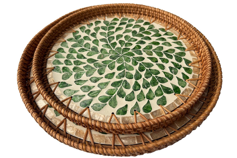 Natural Round Rattan Display Tray with Shell Inlay Base - Artisan Handmade Decor Tray for Coffee Table, Kitchen Serving, Made in Vietnam 30