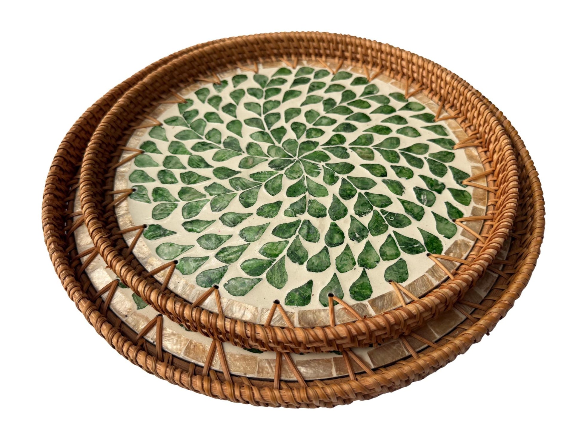 Natural Round Rattan Display Tray with Shell Inlay Base - Artisan Handmade Decor Tray for Coffee Table, Kitchen Serving, Made in Vietnam 30