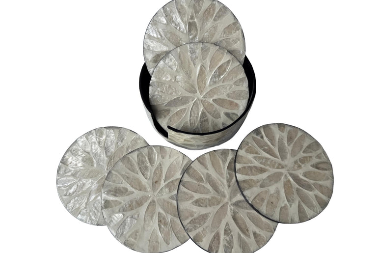 Mother of Pearl Round Coaster Set with Holder - Handmade Shell Drink Coasters, Decorative Table Coasters, Unique Gift Set 9