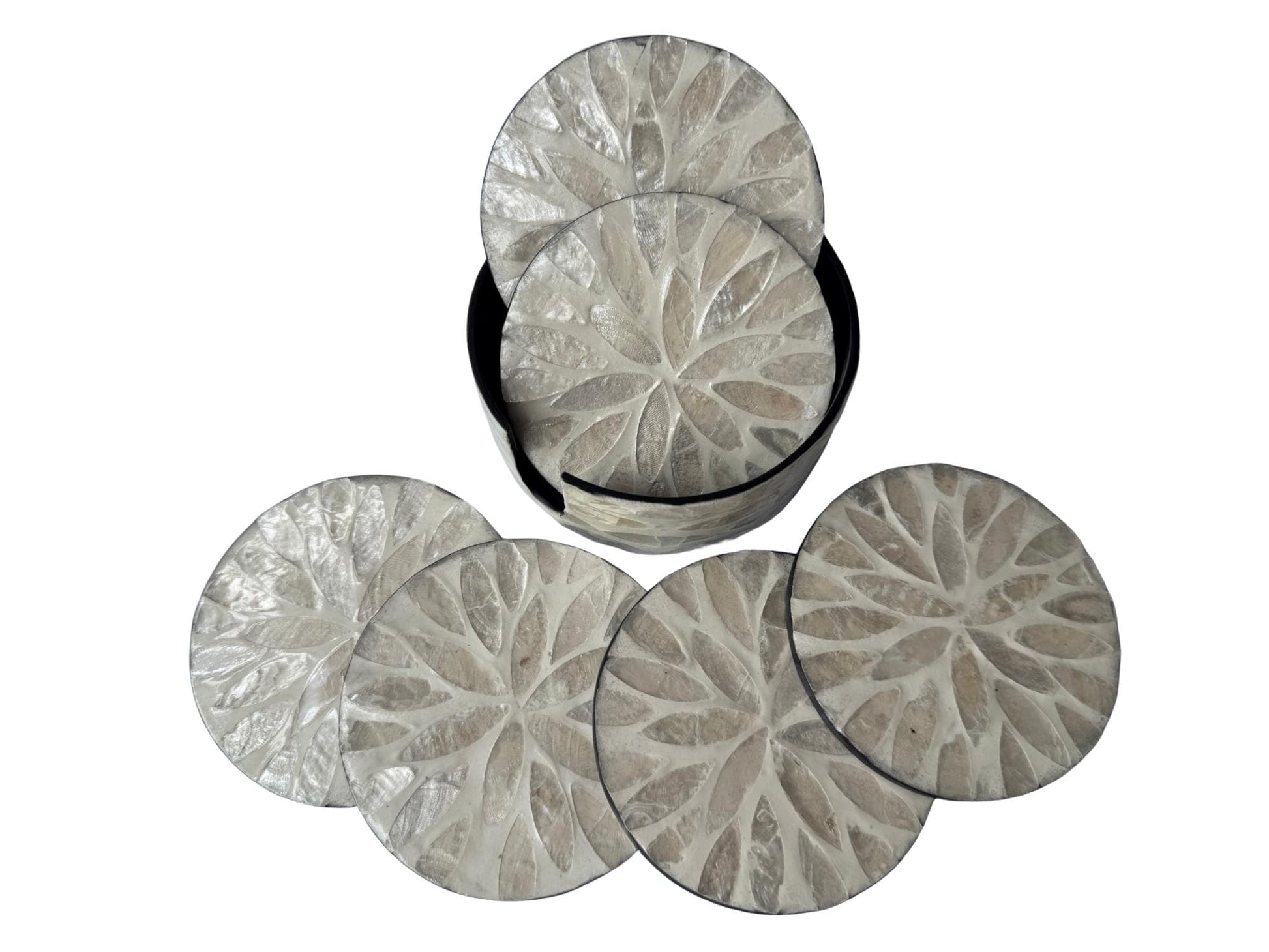 Mother of Pearl Round Coaster Set with Holder - Handmade Shell Drink Coasters, Decorative Table Coasters, Unique Gift Set 9