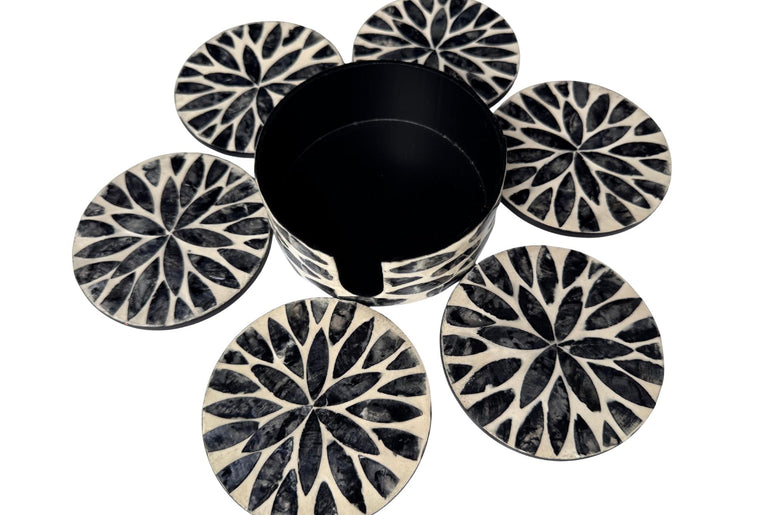 Mother of Pearl Round Coaster Set with Holder - Handmade Shell Drink Coasters, Decorative Table Coasters, Unique Gift Set 17