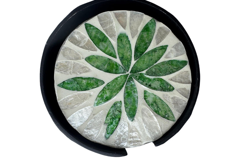 Mother of Pearl Round Coaster Set with Holder - Handmade Shell Drink Coasters, Decorative Table Coasters, Unique Gift Set 15