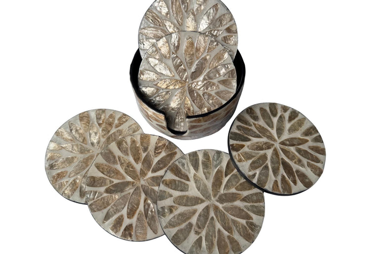 Mother of Pearl Round Coaster Set with Holder - Handmade Shell Drink Coasters, Decorative Table Coasters, Unique Gift Set 11