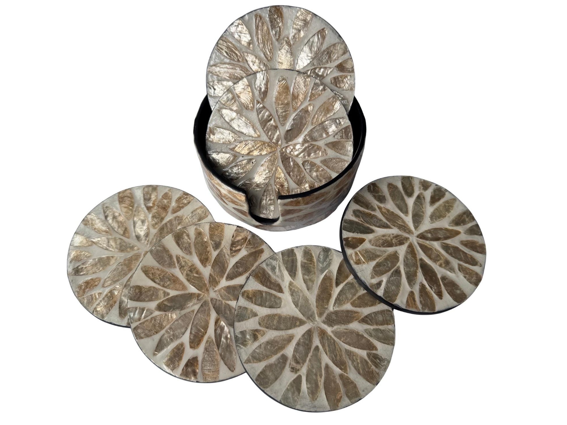 Mother of Pearl Round Coaster Set with Holder - Handmade Shell Drink Coasters, Decorative Table Coasters, Unique Gift Set 11
