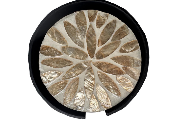 Mother of Pearl Round Coaster Set with Holder - Handmade Shell Drink Coasters, Decorative Table Coasters, Unique Gift Set 11