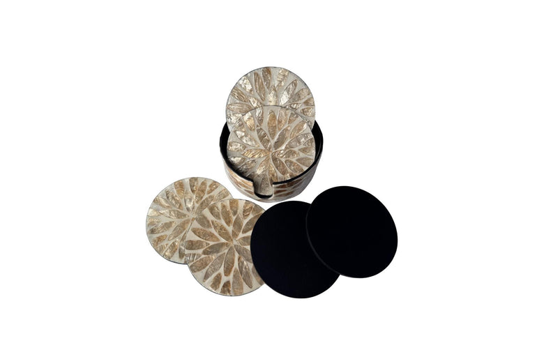 Mother of Pearl Round Coaster Set with Holder - Handmade Shell Drink Coasters, Decorative Table Coasters, Unique Gift Set 11