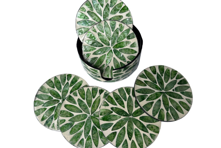 Mother of Pearl Round Coaster Set with Holder - Handmade Shell Drink Coasters, Decorative Table Coasters, Unique Gift Set 13