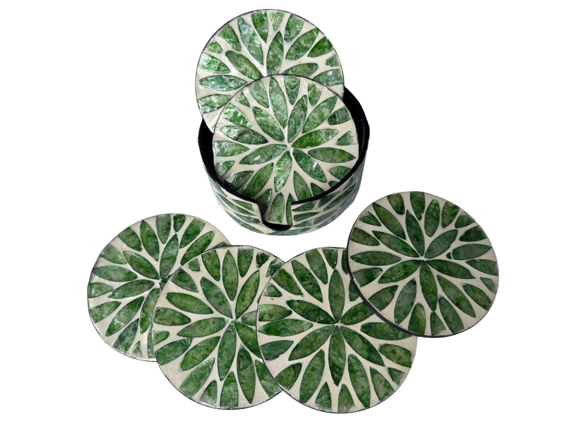 Mother of Pearl Round Coaster Set with Holder - Handmade Shell Drink Coasters, Decorative Table Coasters, Unique Gift Set 13
