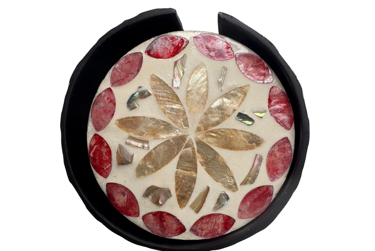 Mother of Pearl Round Coaster Set with Holder - Handmade Shell Drink Coasters, Decorative Table Coasters, Unique Gift Set 16