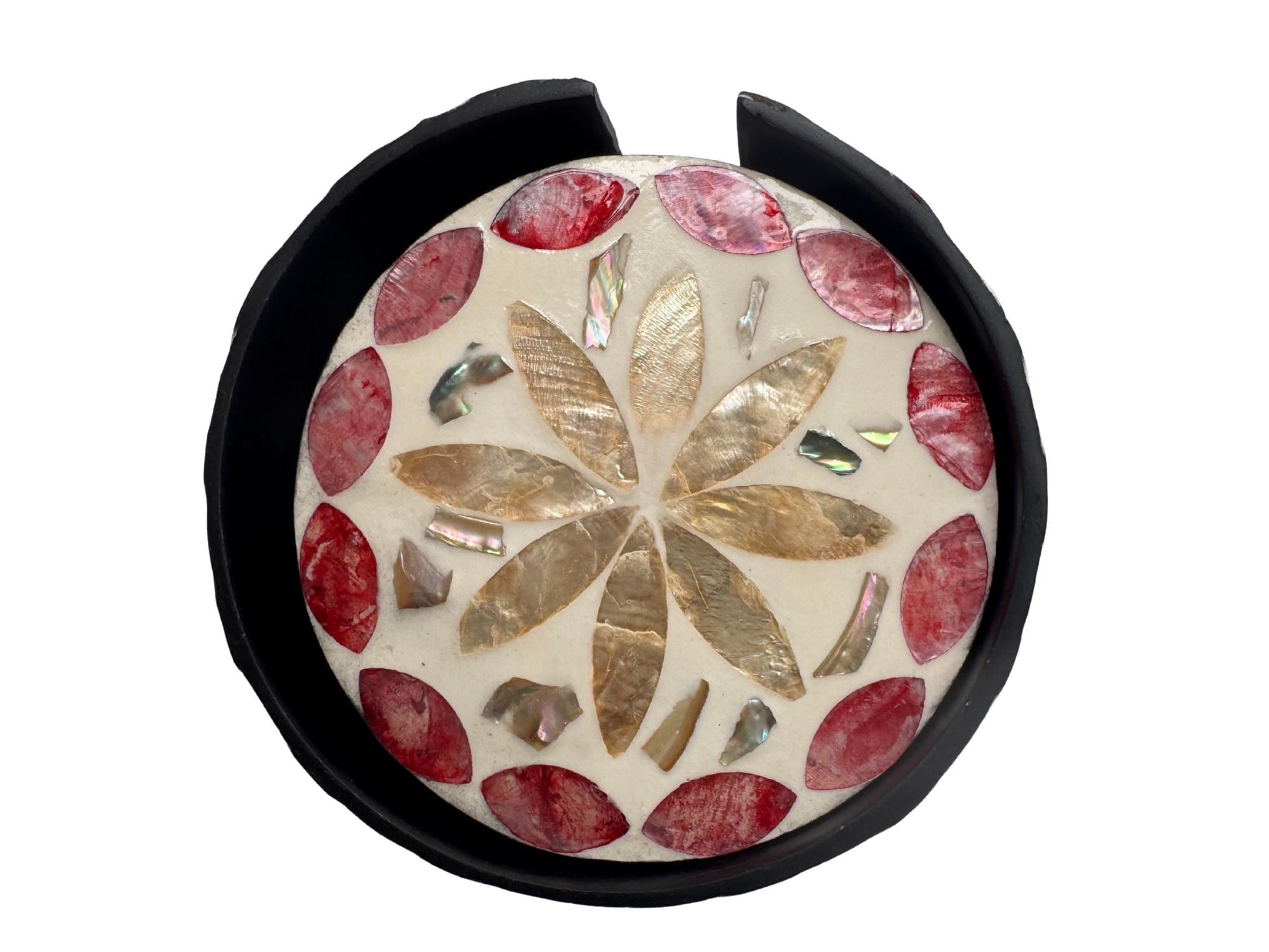 Mother of Pearl Round Coaster Set with Holder - Handmade Shell Drink Coasters, Decorative Table Coasters, Unique Gift Set 16