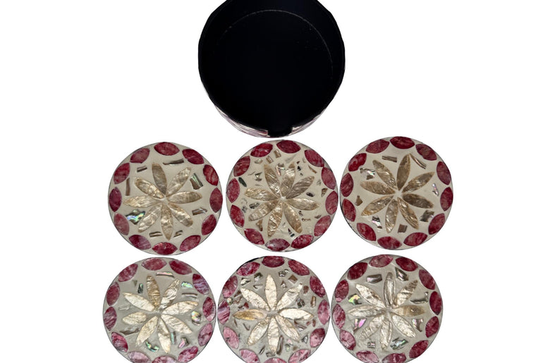 Mother of Pearl Round Coaster Set with Holder - Handmade Shell Drink Coasters, Decorative Table Coasters, Unique Gift Set 16