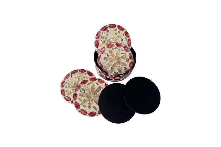 Mother of Pearl Round Coaster Set with Holder - Handmade Shell Drink Coasters, Decorative Table Coasters, Unique Gift Set 16