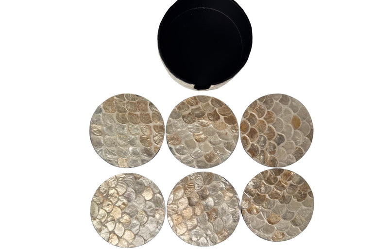 Mother of Pearl Round Coaster Set with Holder - Handmade Shell Drink Coasters, Decorative Table Coasters, Unique Gift Set 8