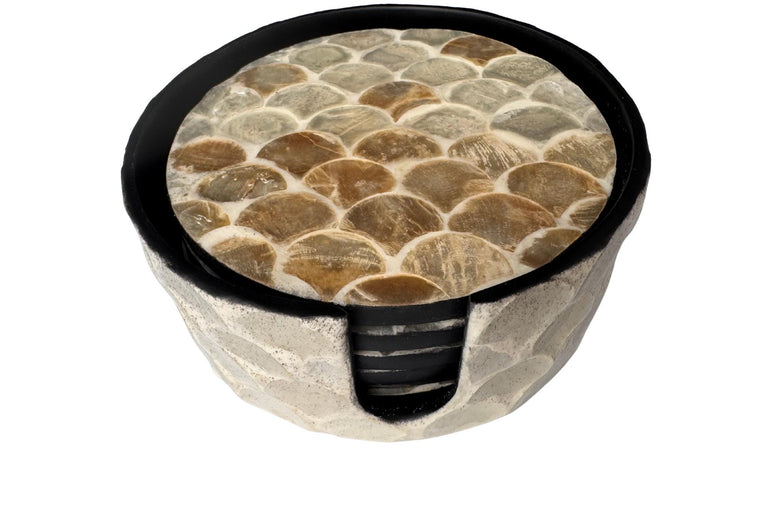 Mother of Pearl Round Coaster Set with Holder - Handmade Shell Drink Coasters, Decorative Table Coasters, Unique Gift Set 8