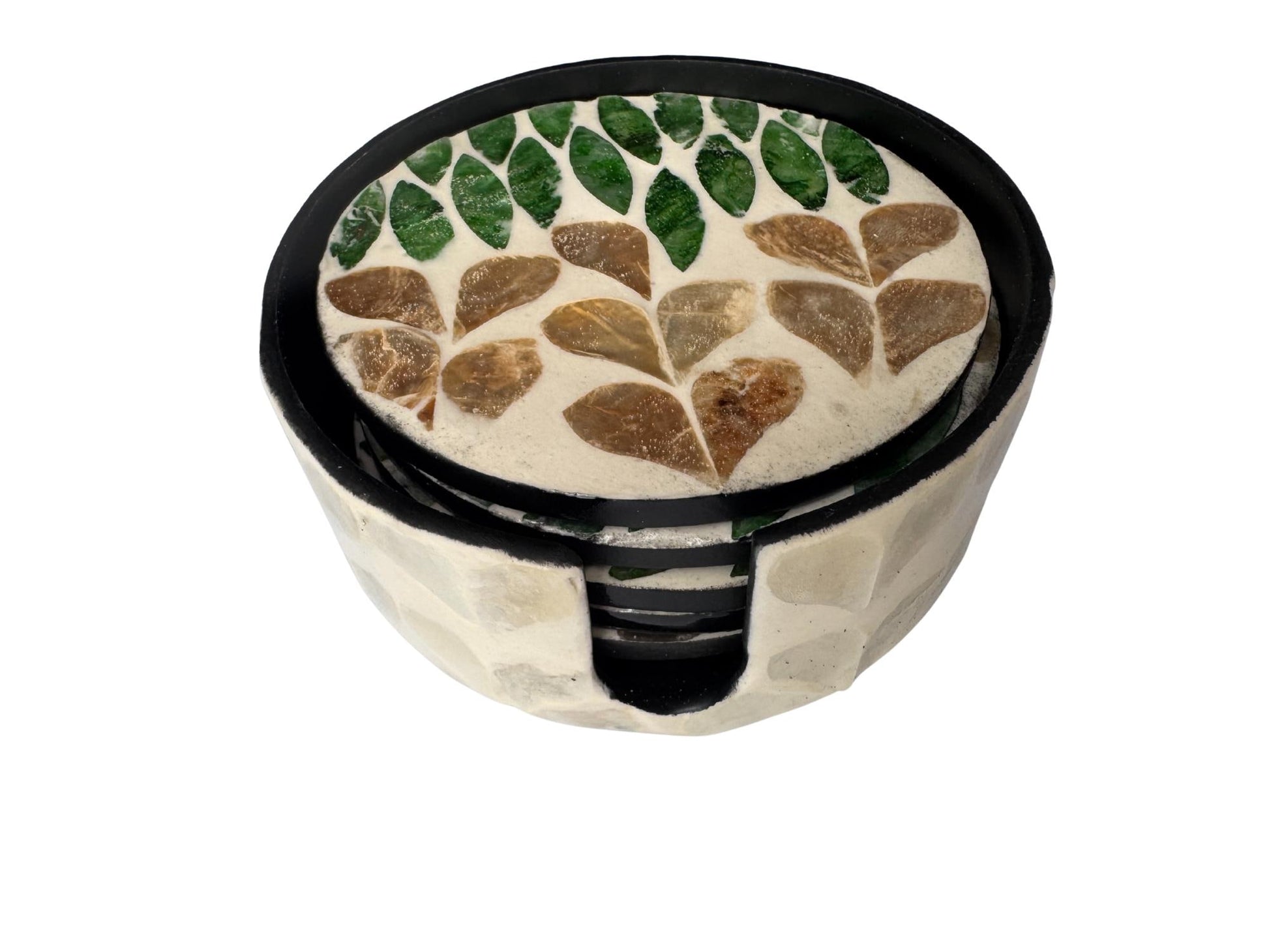 Mother of Pearl Round Coaster Set with Holder - Handmade Shell Drink Coasters, Decorative Table Coasters, Unique Gift Set 12