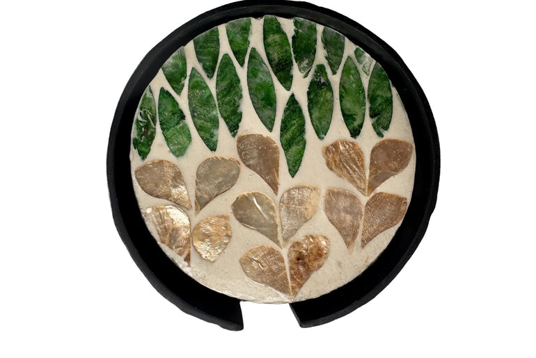 Mother of Pearl Round Coaster Set with Holder - Handmade Shell Drink Coasters, Decorative Table Coasters, Unique Gift Set 12