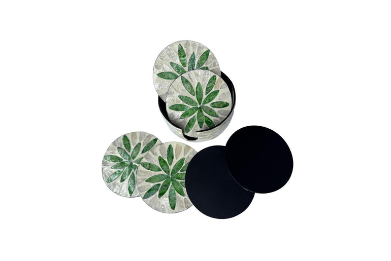 Mother of Pearl Round Coaster Set with Holder - Handmade Shell Drink Coasters, Decorative Table Coasters, Unique Gift Set 15