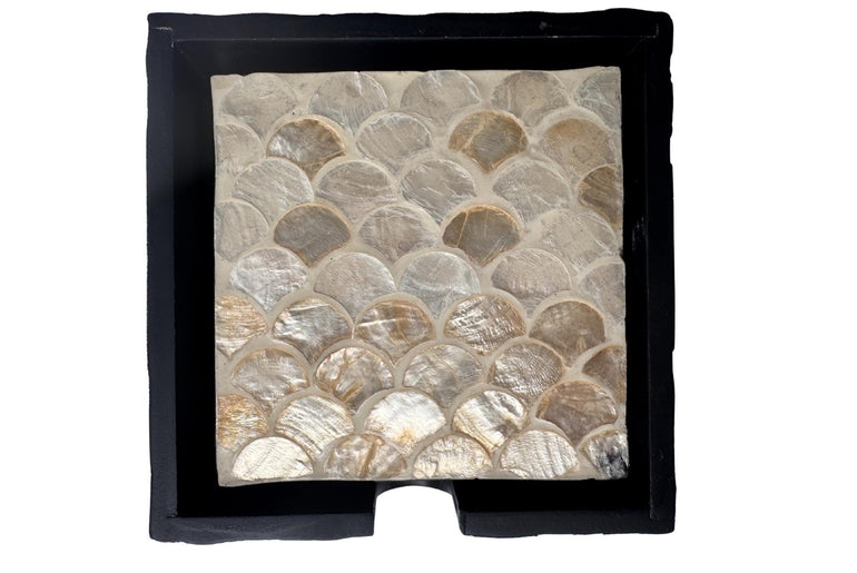 Mother of Pearl Square Coaster Set with Holder - Handmade Shell Drink Coasters, Natural Mother of Pearl Table Decor, Housewarming Gift 1