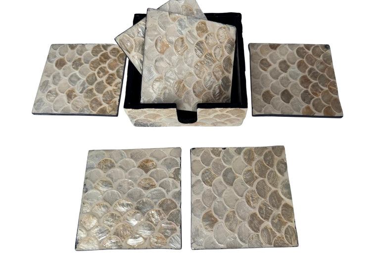 Mother of Pearl Square Coaster Set with Holder - Handmade Shell Drink Coasters, Natural Mother of Pearl Table Decor, Housewarming Gift 1
