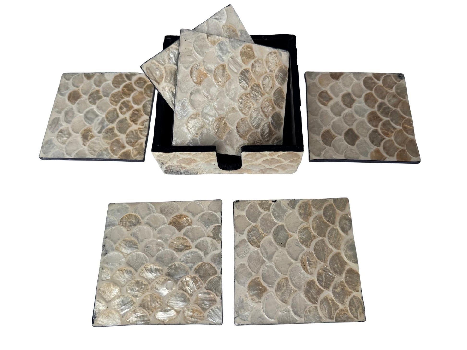 Mother of Pearl Square Coaster Set with Holder - Handmade Shell Drink Coasters, Natural Mother of Pearl Table Decor, Housewarming Gift 1