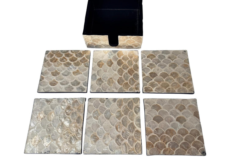 Mother of Pearl Square Coaster Set with Holder - Handmade Shell Drink Coasters, Natural Mother of Pearl Table Decor, Housewarming Gift 1