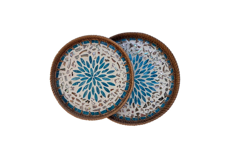 Natural Round Rattan Display Tray with Shell Inlay Base - Artisan Handmade Decor Tray for Coffee Table, Kitchen Serving, Made in Vietnam 25