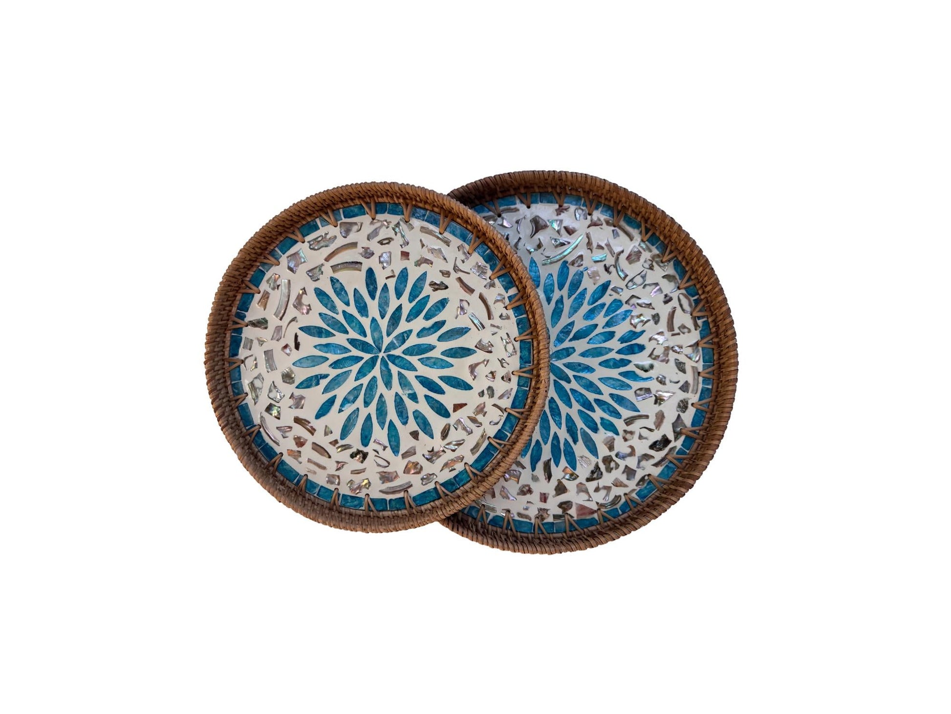 Natural Round Rattan Display Tray with Shell Inlay Base - Artisan Handmade Decor Tray for Coffee Table, Kitchen Serving, Made in Vietnam 25