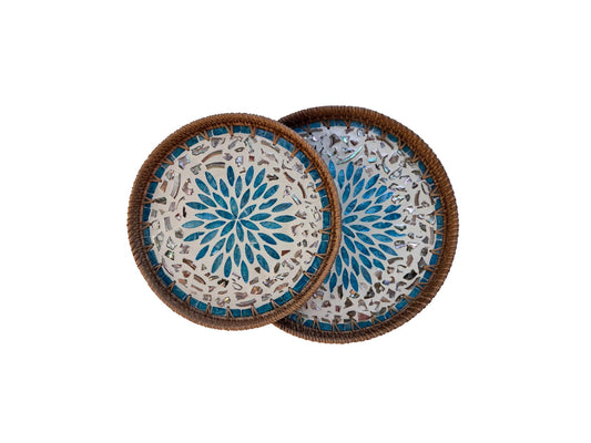 Natural Round Rattan Display Tray with Shell Inlay Base - Artisan Handmade Decor Tray for Coffee Table, Kitchen Serving, Made in Vietnam 25