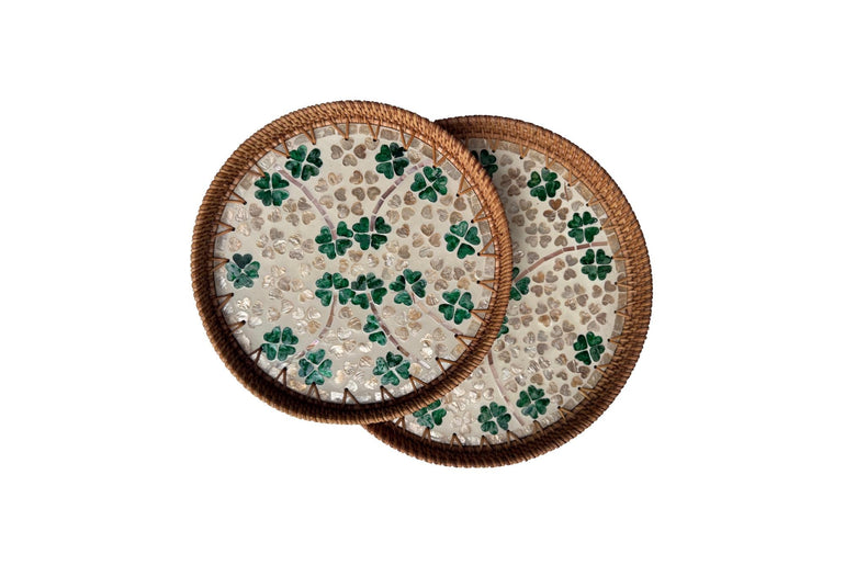 Natural Round Rattan Display Tray with Shell Inlay Base - Artisan Handmade Decor Tray for Coffee Table, Kitchen Serving, Made in Vietnam 22