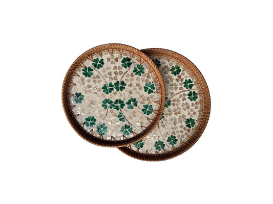 Natural Round Rattan Display Tray with Shell Inlay Base - Artisan Handmade Decor Tray for Coffee Table, Kitchen Serving, Made in Vietnam 22