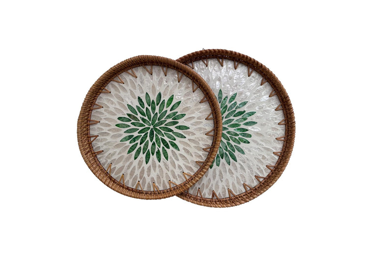 Natural Round Rattan Display Tray with Shell Inlay Base - Artisan Handmade Decor Tray for Coffee Table, Kitchen Serving, Made in Vietnam 139