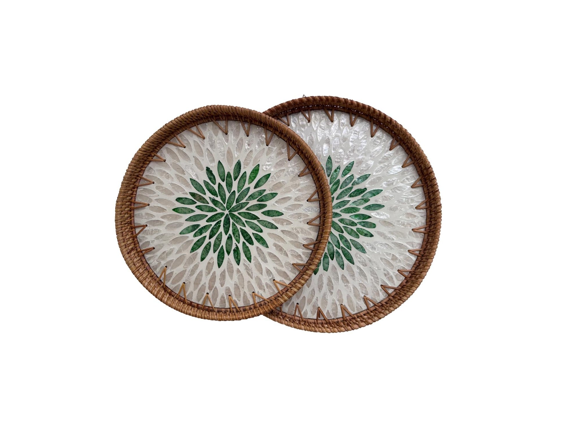 Natural Round Rattan Display Tray with Shell Inlay Base - Artisan Handmade Decor Tray for Coffee Table, Kitchen Serving, Made in Vietnam 139