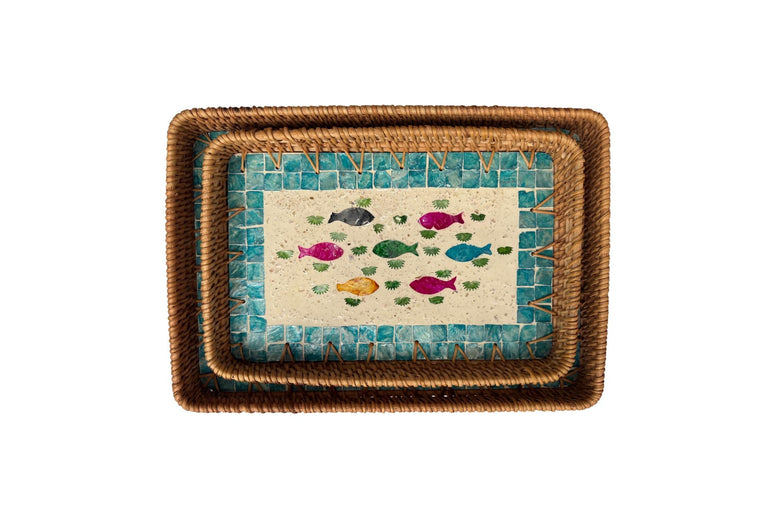 Handmade Rectangular Rattan Tray with Mother of Pearl Inlay Base - Boho Decorative Serving Tray for Coffee Table & Home Decor 45