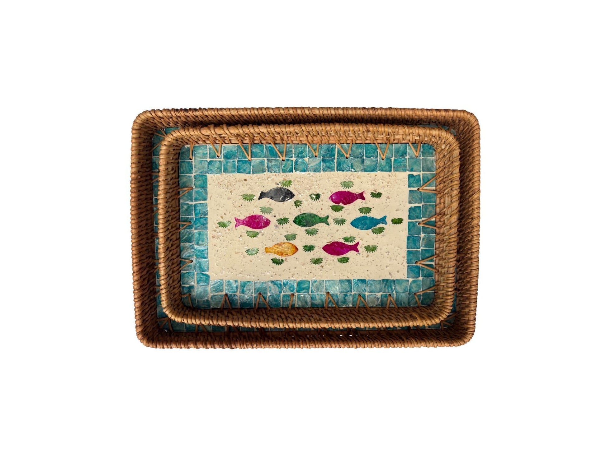 Handmade Rectangular Rattan Tray with Mother of Pearl Inlay Base - Boho Decorative Serving Tray for Coffee Table & Home Decor 45
