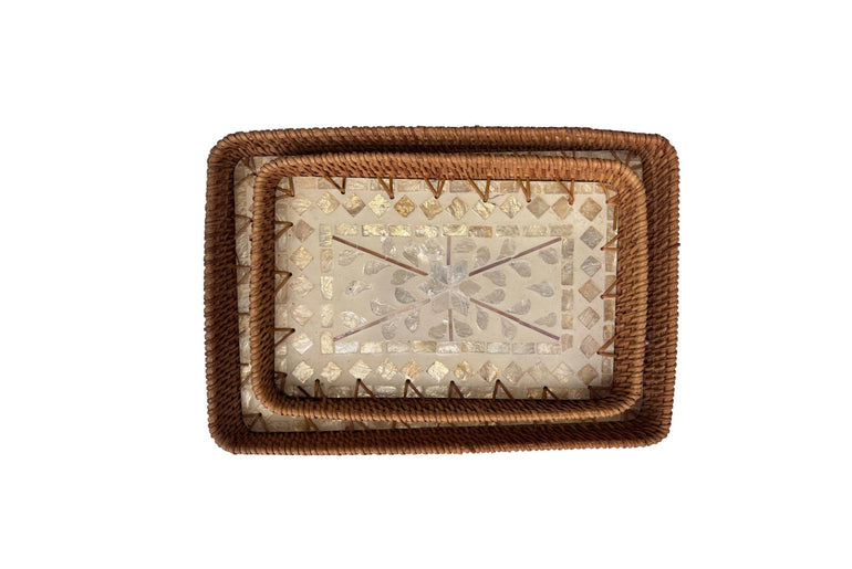 Handmade Rectangular Rattan Tray with Mother of Pearl Inlay Base - Boho Decorative Serving Tray for Coffee Table & Home Decor 36