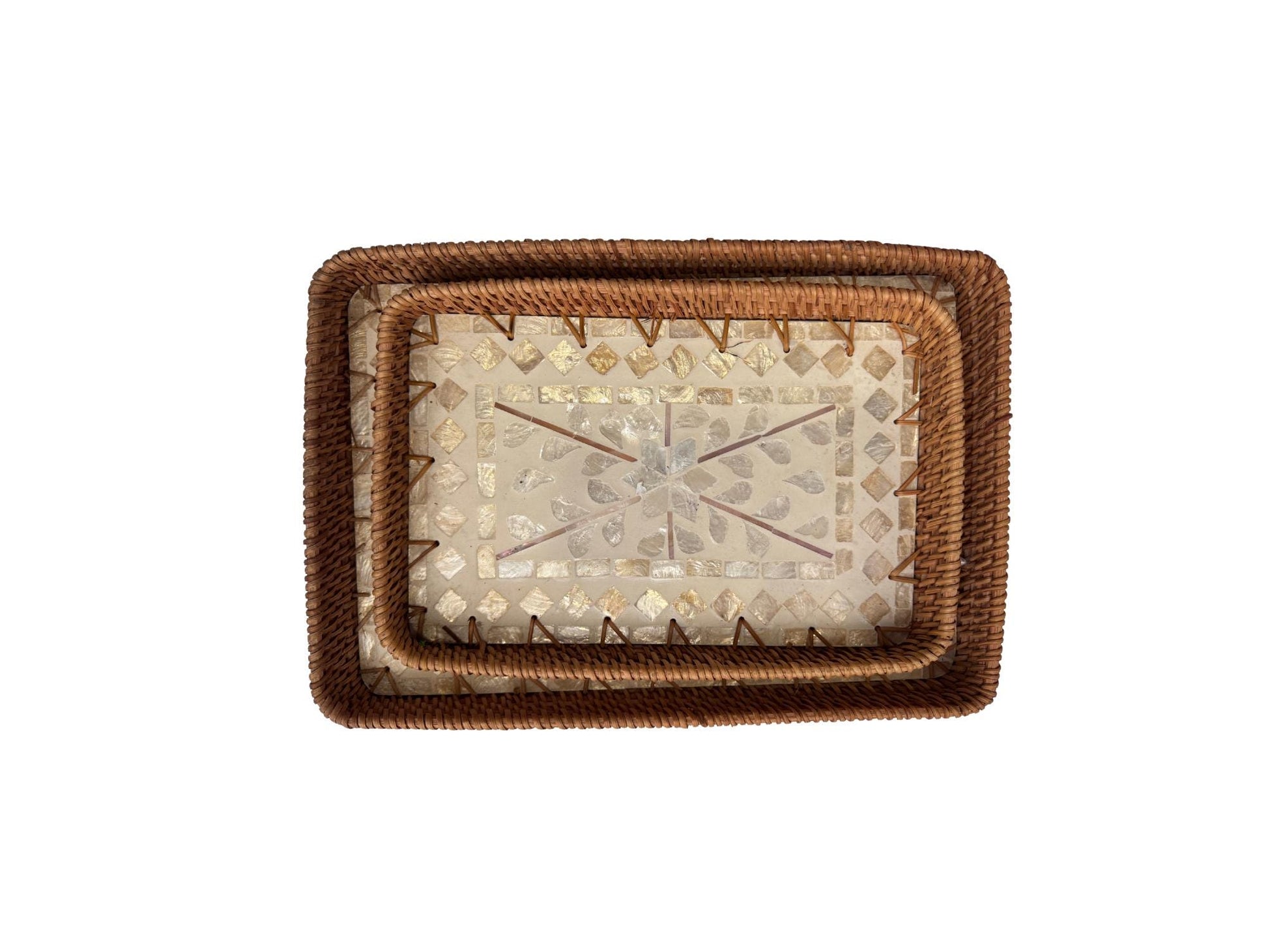 Handmade Rectangular Rattan Tray with Mother of Pearl Inlay Base - Boho Decorative Serving Tray for Coffee Table & Home Decor 36