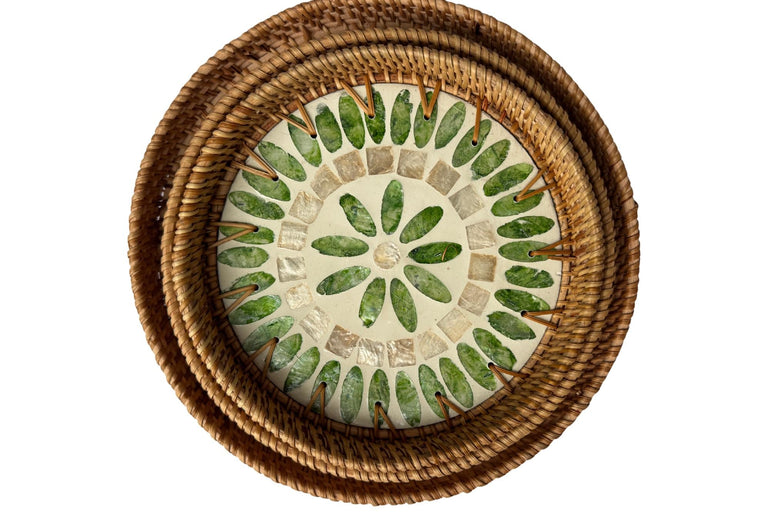 Round Mother of Pearl Inlay Rattan Tray, Handwoven Decorative Serving Tray, Natural Boho Coffee Table Accent 90