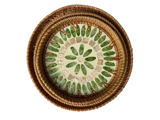 Round Mother of Pearl Inlay Rattan Tray, Handwoven Decorative Serving Tray, Natural Boho Coffee Table Accent 90