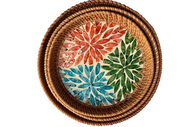 Round Mother of Pearl Inlay Rattan Tray, Handwoven Decorative Serving Tray, Natural Boho Coffee Table Accent 91
