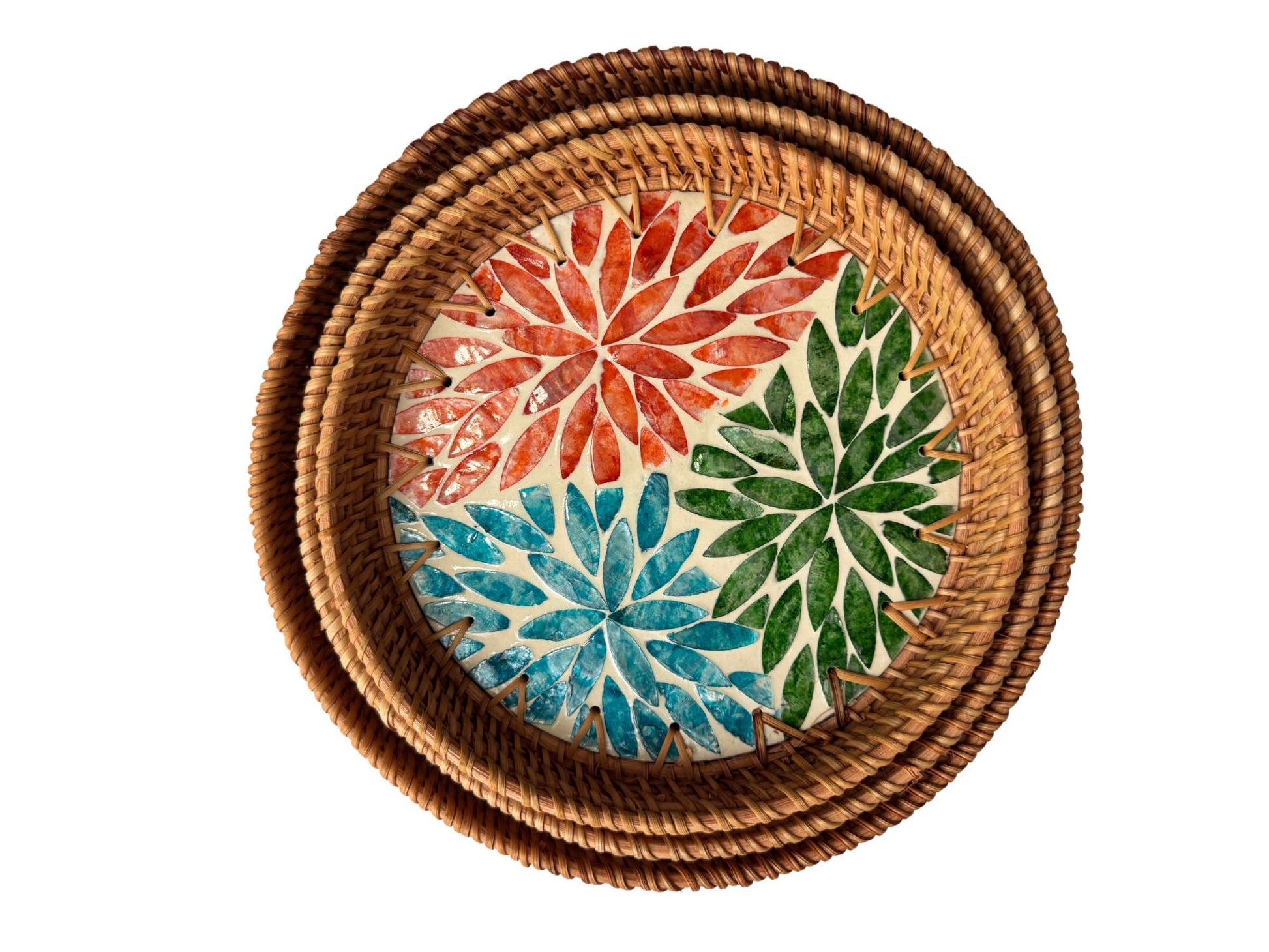 Round Mother of Pearl Inlay Rattan Tray, Handwoven Decorative Serving Tray, Natural Boho Coffee Table Accent 91
