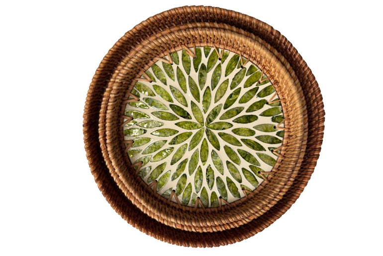 Round Mother of Pearl Inlay Rattan Tray, Handwoven Decorative Serving Tray, Natural Boho Coffee Table Accent 70