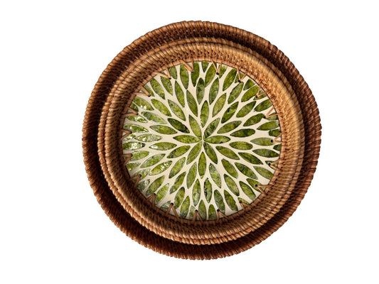 Round Mother of Pearl Inlay Rattan Tray, Handwoven Decorative Serving Tray, Natural Boho Coffee Table Accent 70