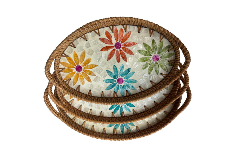 Oval Rattan Tray with Handles and Mother of Pearl Inlay Base, Handmade Woven Serving Tray, Boho Home Decor, Handmade Vietnam 108