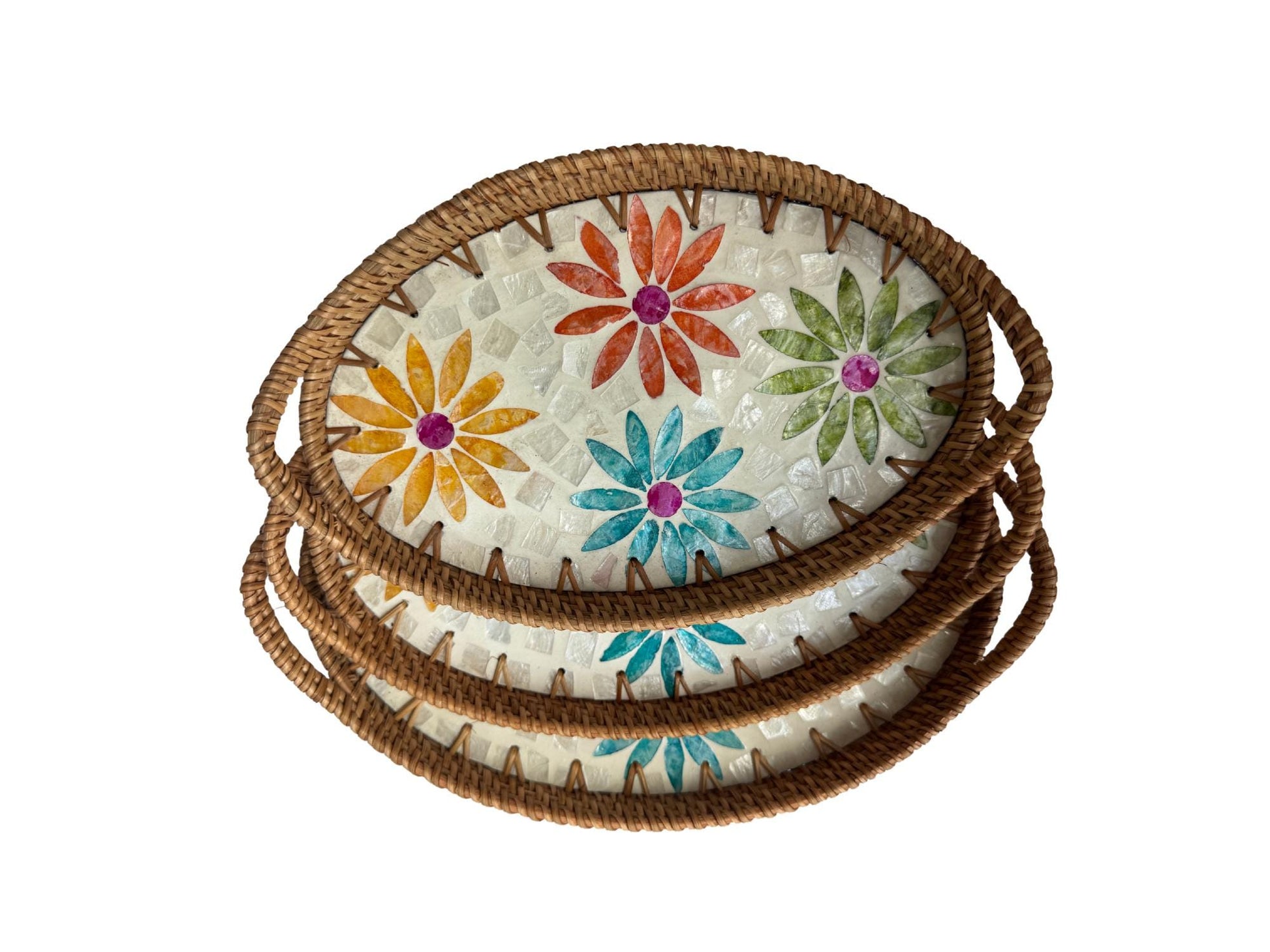 Oval Rattan Tray with Handles and Mother of Pearl Inlay Base, Handmade Woven Serving Tray, Boho Home Decor, Handmade Vietnam 129