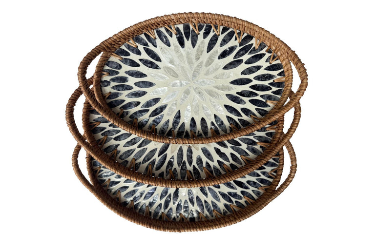 Oval Rattan Tray with Handles and Mother of Pearl Inlay Base, Handmade Woven Serving Tray, Boho Home Decor, Handmade Vietnam 111