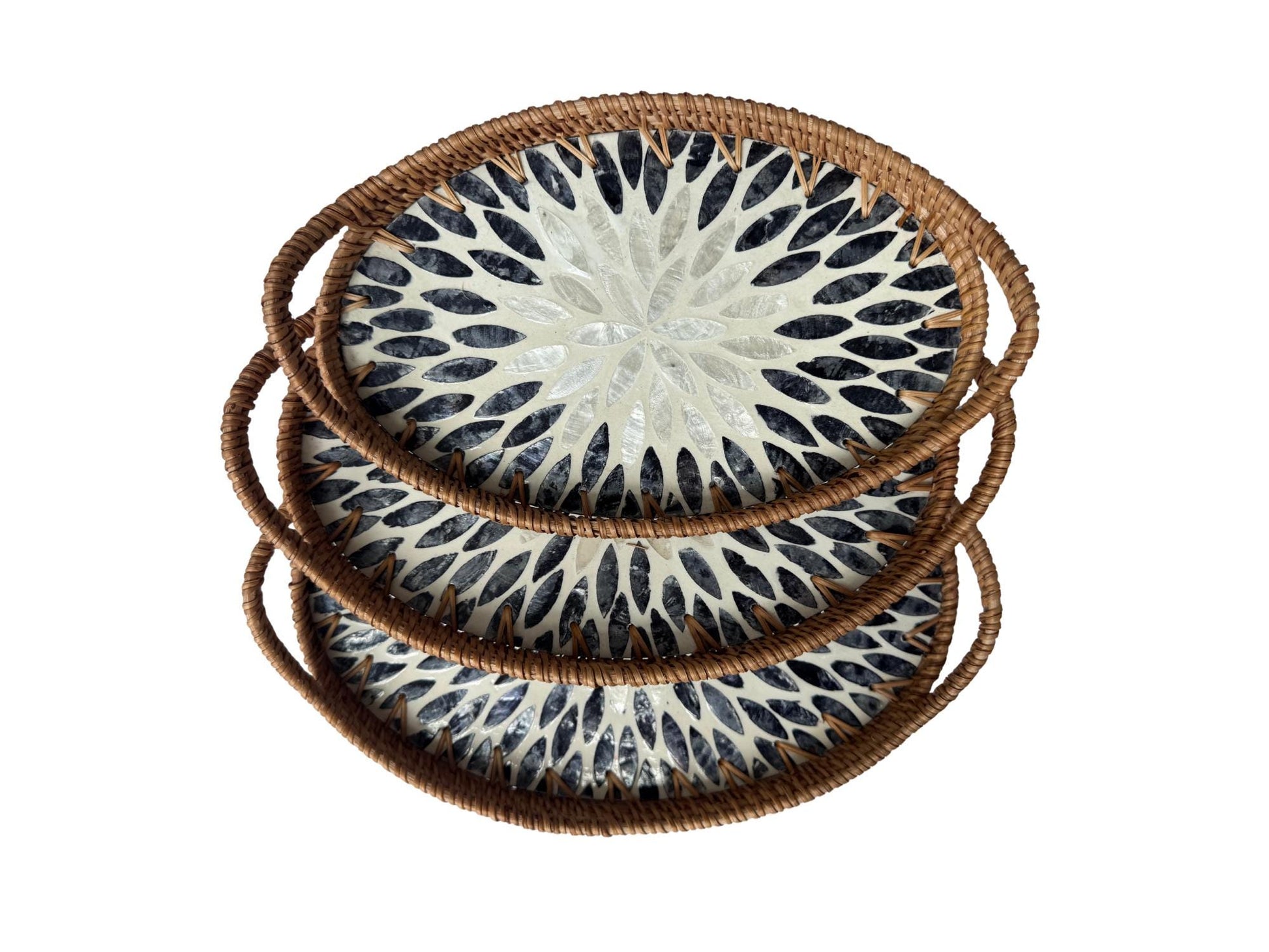 Oval Rattan Tray with Handles and Mother of Pearl Inlay Base, Handmade Woven Serving Tray, Boho Home Decor, Handmade Vietnam 111