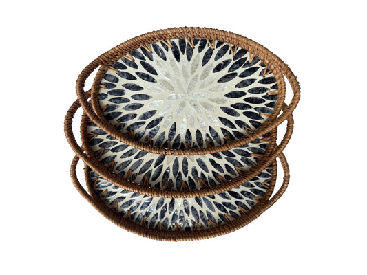 Oval Rattan Tray with Handles and Mother of Pearl Inlay Base, Handmade Woven Serving Tray, Boho Home Decor, Handmade Vietnam 111