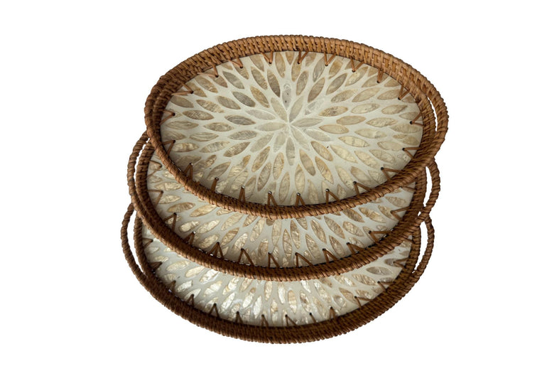 Oval Rattan Tray with Handles and Mother of Pearl Inlay Base, Handmade Woven Serving Tray, Boho Home Decor, Handmade Vietnam 114