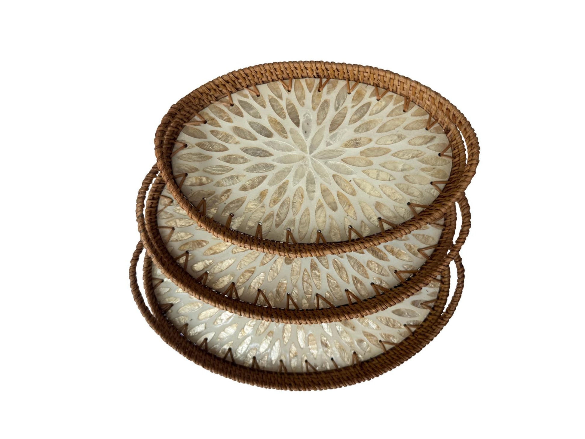 Oval Rattan Tray with Handles and Mother of Pearl Inlay Base, Handmade Woven Serving Tray, Boho Home Decor, Handmade Vietnam 114