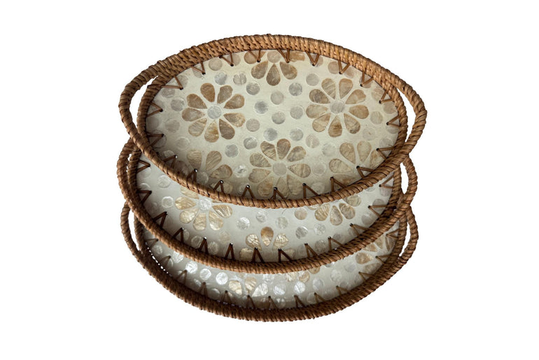 Oval Rattan Tray with Handles and Mother of Pearl Inlay Base, Handmade Woven Serving Tray, Boho Home Decor, Handmade Vietnam 153